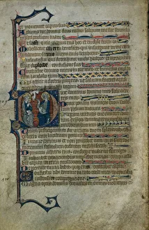 Ein historisches Bild zeigt eine Blattseite aus einem Psalter, das um 1310 entstand. Die Darstellung folgt der französischen Buchmalerei und weist weiße Hauttöne, elegante Wellenfrisuren und lange Finger auf. Diese Merkmale erinnern an den Queen Mary Psalter, einen englischen illuminierten Handschrift des frühen 14. Jahrhunderts mit starkem pariserischen Einfluss. Der Psalm 109 beginnt mit dem großen Initial D für "Dixit dominus domino", in dem die Dreifaltigkeit dargestellt ist.