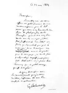 Buchstabe unterzeichnet von Eugène Delacroix, französischer Romantiker-Künstler aus dem Jahr 1863. Künstler: Eugen Delacroix