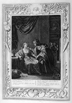 Greek Deity Sculpture Drucke: Leucothoe Seduced by Apollo in the Shape of Eurynome, 1733. Artist: Bernard Picart