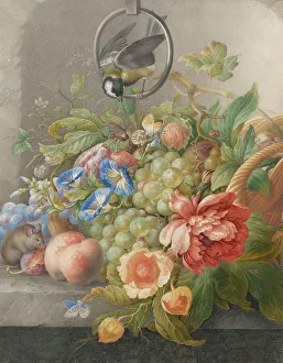 Stille Nachtmahl mit Blumen und Früchten sowie einem großen Titz und einer Maus um 1700-um 1710 von Hermann Hentenburgh