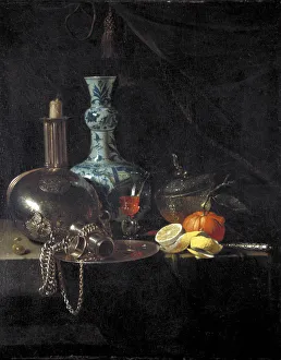 Fruit Still Life Paintings Drucke: Still life with a pilgrim flask, candlestick, porcelain vase and fruit, 17th century