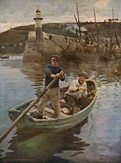 Drucke von Der Leuchtturm (Newlyn, Cornwall), 1893, (c1930). Zwei Fischer - Onkel Henry Kitchen, dessen Nachkommen noch heute in Newlyn leben und John Henry Tonkin - rudern zurück ins Hafen mit ihrem Fang Newlyn Drucke: Der Leuchtturm (Newlyn, Cornwall), 1893, (c1930). Künstler: Stanhope A Forbes