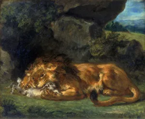 Eugene Delacroix Painting Drucke: Lion Devouring a Rabbit, 19th century. Artist: Eugene Delacroix