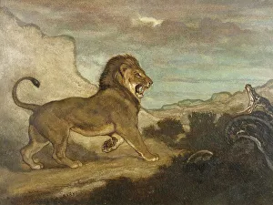 French Romantic Era Art Drucke: Lion and Python, c1863. Creator: Antoine-Louis Barye