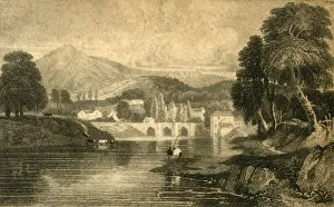 North Wales Landmarks Drucke: Llangollen Bridge, Castle Dinas Bran, on the River Dee: North Wales, 19th century