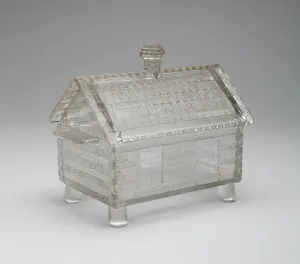 Muster aus dem Log Cabinnetzwerk bedeckter Teller, um 1875 von der Central Glass Company geschaffen