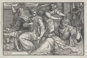 Lucretia unterrichtet ihre Töchter im Stickmuster, 1557. Ersteller: Giuseppe Porta