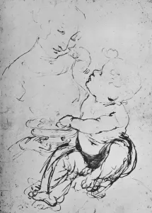 Leonardo Da Vinci Drucke: Die Muttergottes und Kind mit einer Schüssel Früchten
