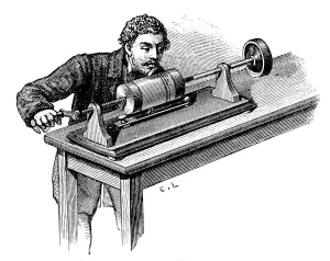 Thomas Edison Phonograph Drucke: Making recording on first model of Thomas Edisons Phonograph, c1878