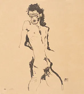 Drucke von Männlicher Nackt (Selbportrait), 1912. Im Bestand des Lentos Kunstmuseums Linz Egon Schiele Drucke: Mann im Freikörperkultur, Selbstporträt, 1912. Künstler: Schiele, Egon (1890–1918)