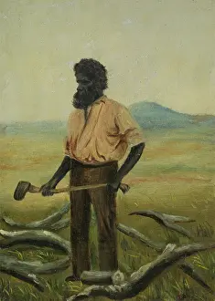 Ein Mann mit Bart hält einen Beil, um die Äste eines Baumes zu schlagen, zwischen 1800 und 1899. Künstler: Unbekannt.