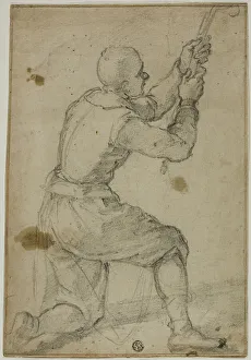 Black Chalk On Paper Art Drucke: Man on Bended Knee, Pulling on Rope, c.1604. Creator: Bernardino Poccetti