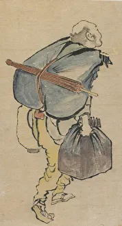 Hokusai Artwork Drucke: Man carrying back-pack and lantern, late 18th-early 19th century. Creator: Hokusai