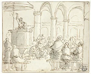 Ein Prediger predigt eine Gemeinde, um ungefähr 1700 von Jan Luyken