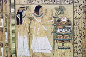 Ein Mann und seine Frau bieten Opfer an Osiris aus dem ägyptischen Buch der Toten