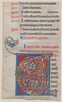 Illuminated Manuscript Bible Drucke: Manuscript Illumination with Initial V, from a Bible, ca. 1175-95. Creator: Unknown