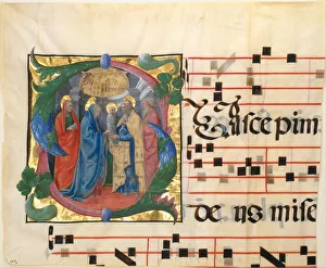 Renaissance Christianity Drucke: Manuscript Illumination with the Presentation in the Temple in an Initial S, 1450-60
