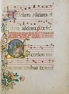 Blatt des Handschriften mit der Feier einer Messe im Anfangsbuchstaben