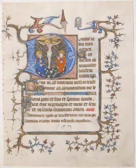 Illuminated Christian Art Drucke: Manuscript Leaf with the Crucifixion in an Initial D, from a Book of Hours, ca. 1350