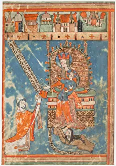 Illuminated Christian Art Drucke: Manuscript Leaf with Dedication of a Book to the Virgin, ca. 1400. Creator: Unknown