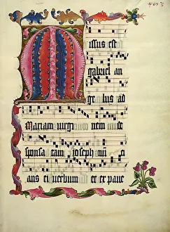 Manuskriptblatt mit dem Anfangsbuchstaben M aus einem Antifonsbuch deutscher Sprache um 1425 bis 1450
