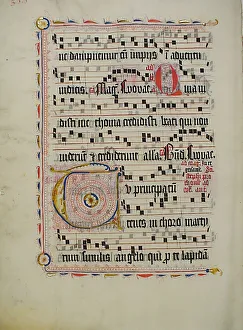 Blatt des Manuskripts mit dem Anfangsbuchstaben T aus einem Antifonsbuch deutscher Sprache zweite Hälfte des 15. Jahrhunderts