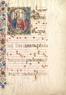 Manuskriptblatt mit dem heiligen Johannes Gualbert im Anfangsbuchstaben einer Antiphonsammlung