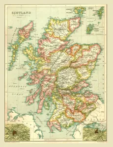 Drucke von Karte Schottlands (Scotland), 1902: Zeichnet die verschiedenen Grafschaften und Inseln einschließlich der Hebriden Glasgow Drucke: Karte Schottlands, 1902. Ersteller unbekannt