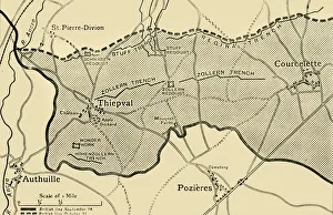 Karte, die ungefähr den Bereich zeigt, der auf dem Thiepval-Rücken gewonnen wurde... 1916, (c1920)
