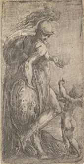 Roman Mythology Portraits Drucke: Mars standing at the left leaning on a shield, Cupid at the right, ca. 1542-46