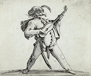 Jacques Callot Etching Drucke: A Mashed Actor Playing the Guitar, 1616. Creator: Jacques Callot