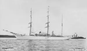 Sailing Ships In England Drucke: The three masted auxiliary barque Apache. Creator: Kirk & Sons of Cowes
