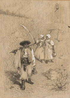 Black And White Heritage Art Drucke: From the meadows - study for a painting, after 1900. Creator: Joza Uprka