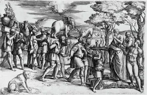 Melchisedech bringt Brot und Wein zum Opfer für Abraham zwischen 1554 und 1561. Ersteller: Battista Franco Veneziano