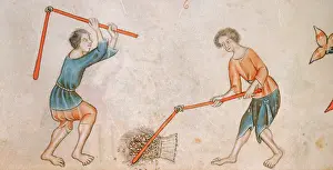 Zwei Männer schlagen Mais mit Flügeln, 1300-1340. Künstler: Unbekannt.