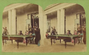 Männer spielen Billard, um 1860. Erfinder unbekannt