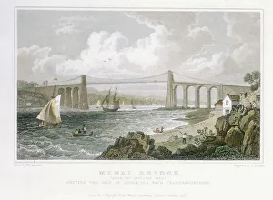 Drucke von Menai Bridge (von der Anglesea Seite), 1830. Thomas Telfords Hängebrücke über den Menai Straits wurde zwischen 1820 und 1826 erbaut Thomas Barbier Drucke: Menai Bridge (von der Seite von Anglesey), 1830. Künstler: Thomas Barber