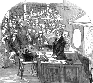 Michael Faraday Biography Drucke: Michael Faraday lecturing on electricity and magnetism, Royal Institution, London, 1846
