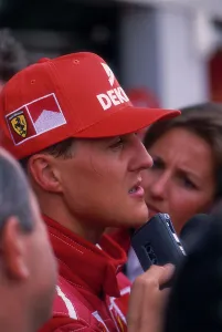 Silverstone Motor Racing Circuit Drucke: Michael Schumacher being interviewed
