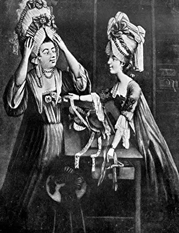 Eine Schützenhutgeschäft; Frau Monopolise, die Hüterin des Fleischhandels Ehefrau kaufte ein moderne Haartracht. 1772