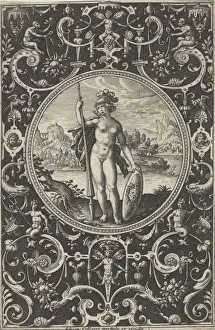 Greek Mythology Goddesses Drucke: Minerva in a Decorative Frame with Grotesques, from the Judgment of Paris, c1580-1600