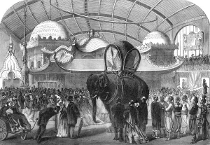 Victorian Era Exhibition Drucke: Model of an elephant in the Siamese section of the Machine Gallery, 1867