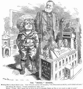 Drucke von Der Modellschule, 1882. Ein junger John Bull zeigt Mr William Forster sein Modell eines Board-Schulhauses Edward Linley Sambourne Drucke: Die Modellschule, 1882