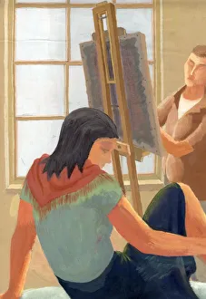 British Illustrator Women Drucke: Model and student in drawing class, c1950. Creator: Shirley Markham