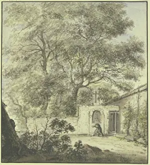 Kunstvolle Porträts Drucke: Blick in den Innenhof eines Klosters mit betendem Mönch, um 1630-1686