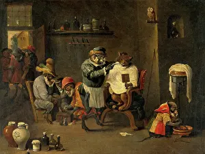David Teniers The Younger Paintings Drucke: A monkey barber-surgeon's establishment