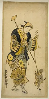 Heritage Animal Artwork Drucke: A Monkey Trainer and His Monkey, c. 1725. Creator: Okumura Masanobu