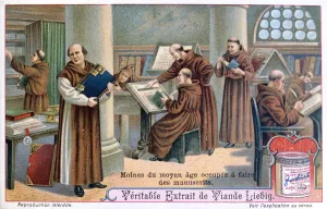 Mönche arbeiten an Manuskripten in einem Schreinskammer um 1900