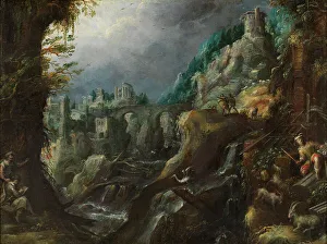 Mountain River Scenery Drucke: Mountain landscape with rushing river