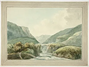 British Mountain Scenery Drucke: Mountain Town by Bridge Spanning Rapids, 1769-1831. Creator: Unknown